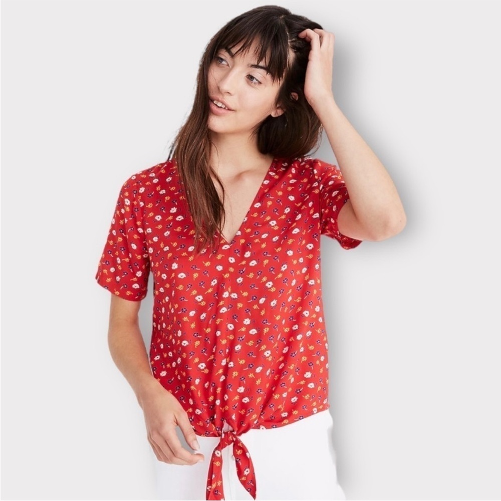 🌸Madewell Novel Tie-Front Top in Prairie Posies Enamel Red Medium